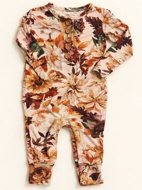 Posh Peanut Floral Long-Sleeve Romper in Rust, Cream & Green